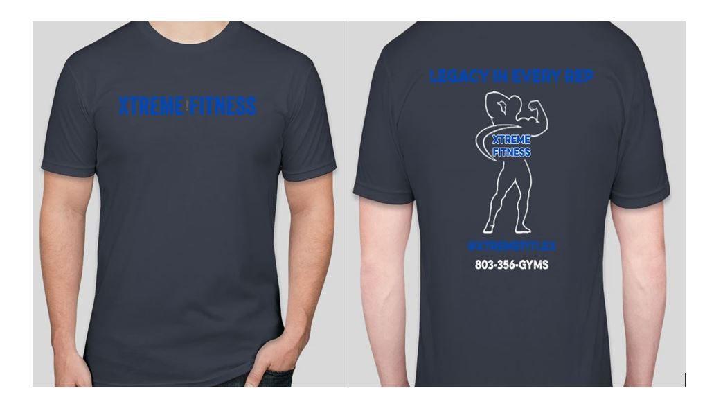 Xtreme Fitness tee, front and back, Legacy in Every Rep