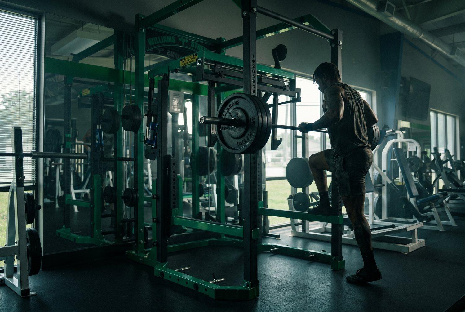 Loaded barbell on the green Williams Strength power rack at Xtreme Fitness of Lexington, SC